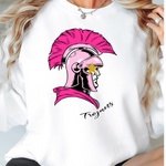 a woman wearing a white shirt with a pink mohawk