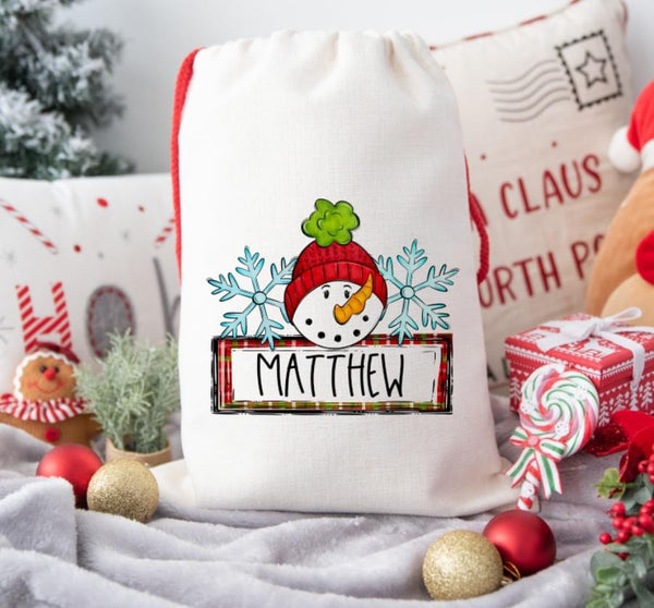 Personalized Snowman Name Trio RED Santa Sack DTF Print