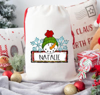 Personalized Snowman Name Trio GREEN Santa Sack DTF Print