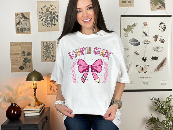 Back to School Pink Pencil Bow Grades DTF Print