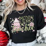 Merry Teacher Pink Christmas Trees DTF Print