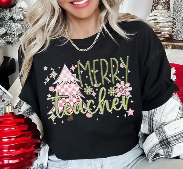 Merry Teacher Pink Christmas Trees DTF Print