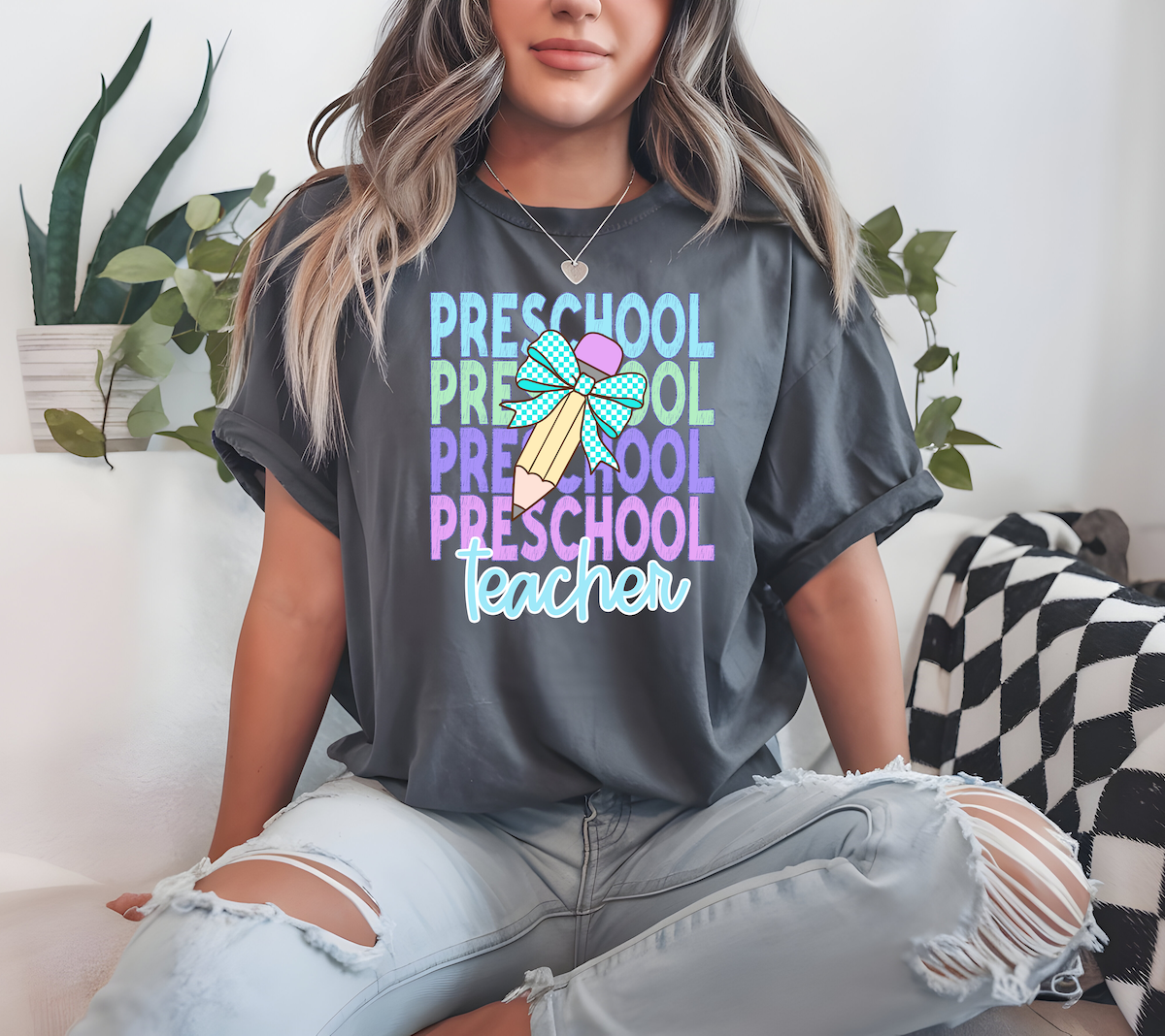 Back To School Repeat Pastel Checker Pencil Elementary Teacher DTF Print
