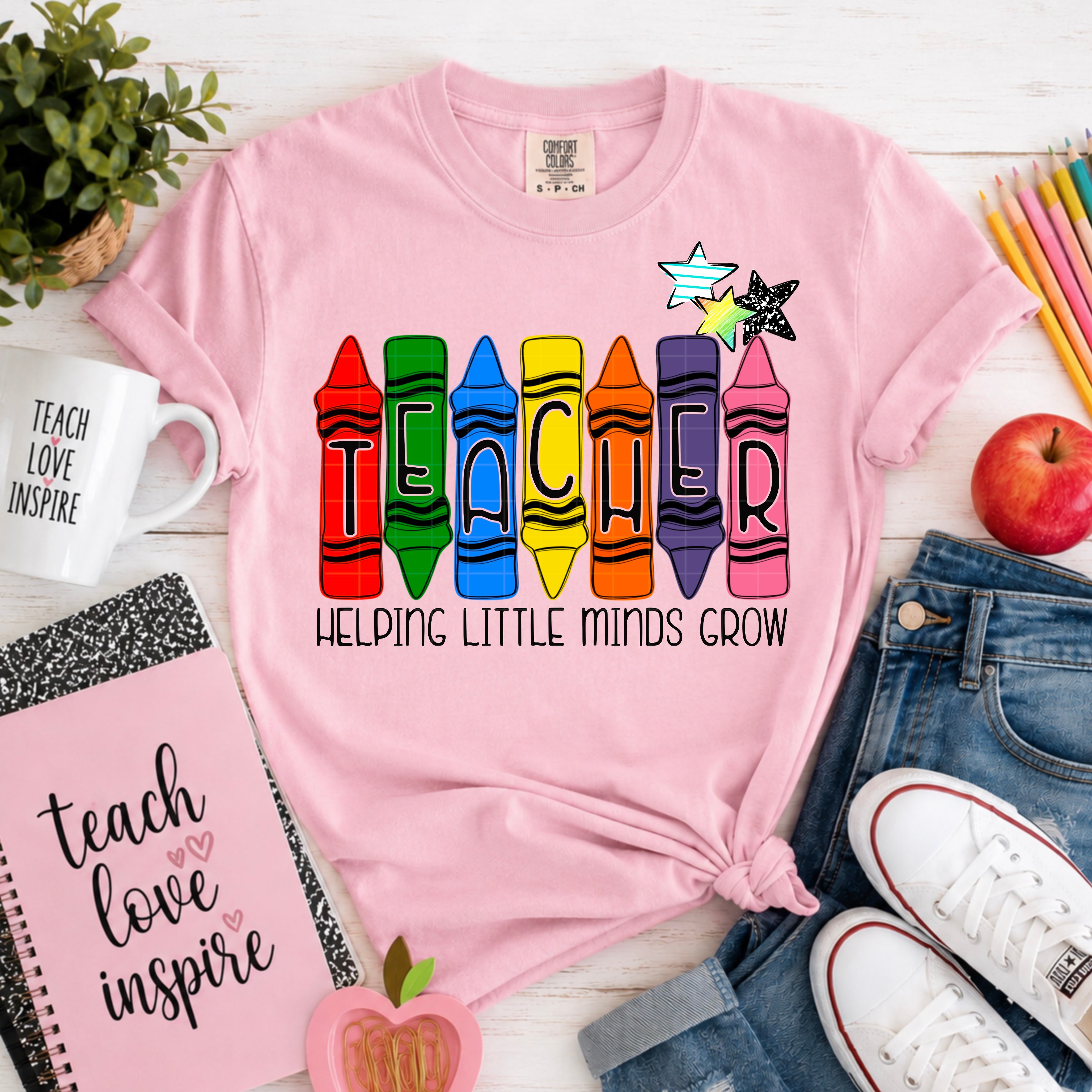 Teacher Helping Little Minds Grow Crayon School DTF Print
