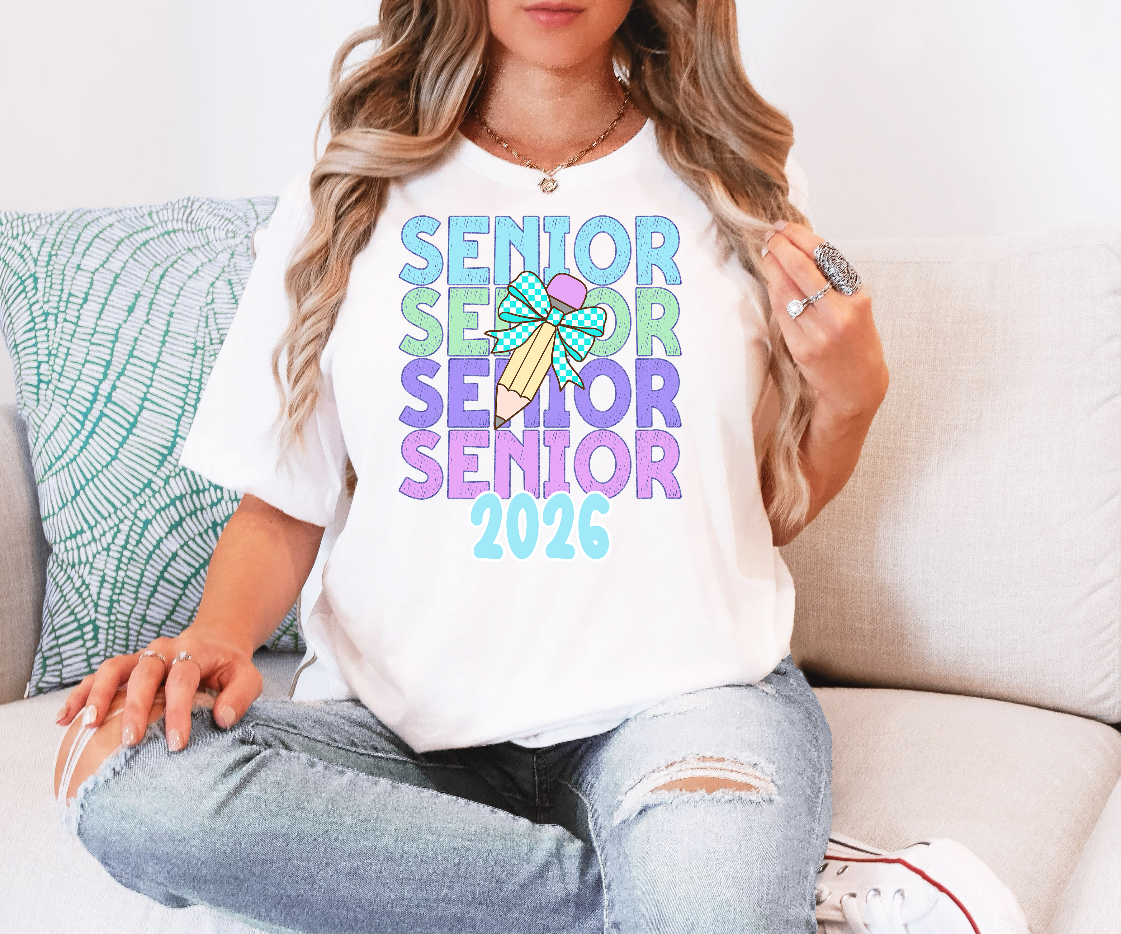 Back To School Repeat Pastel Checker Pencil Middle High DTF Print