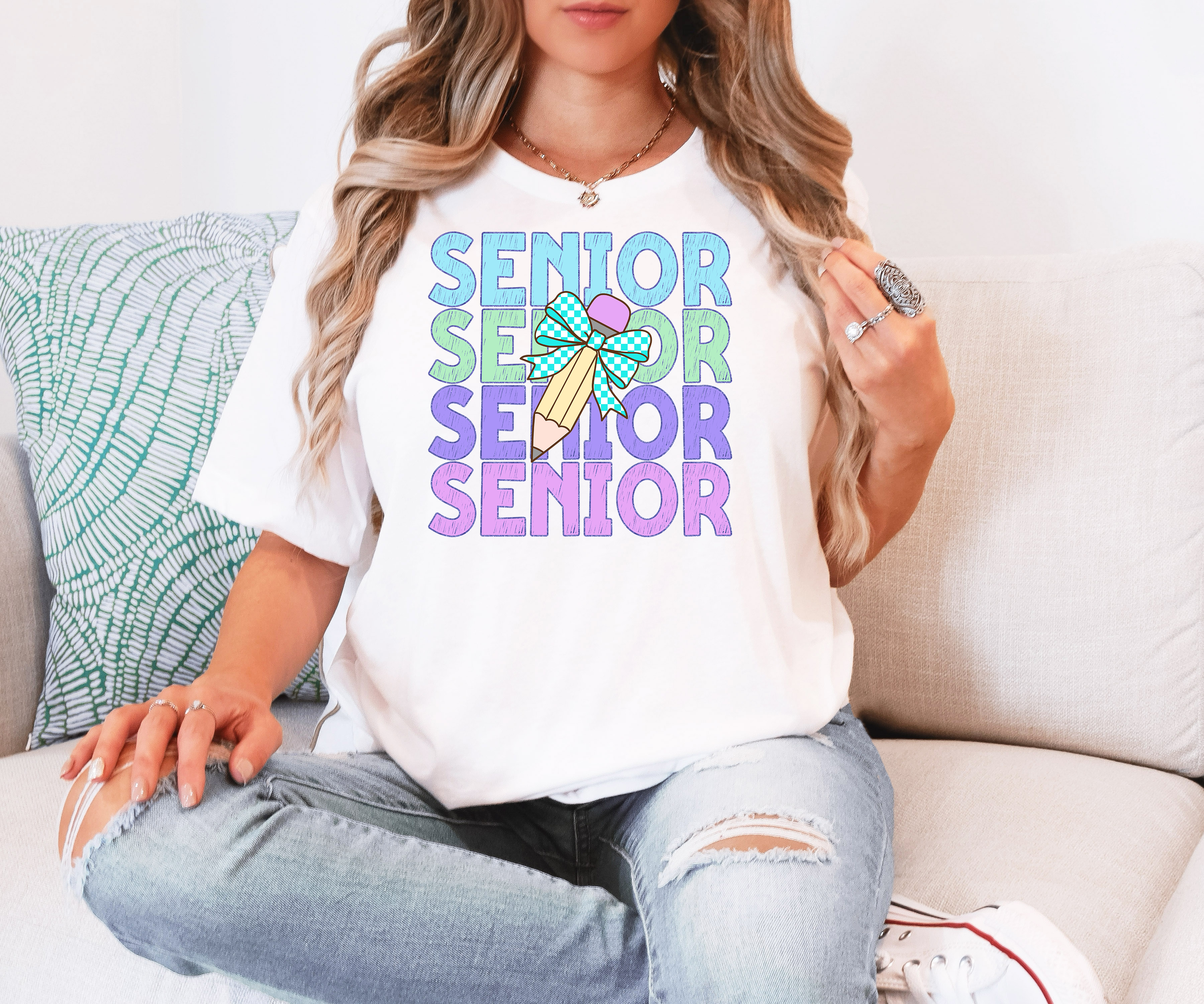 Back To School Repeat Pastel Checker Pencil Middle High Teacher DTF Print