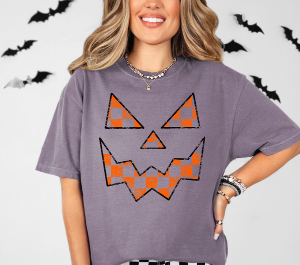 Checkered Pumpkin Face DTF Print