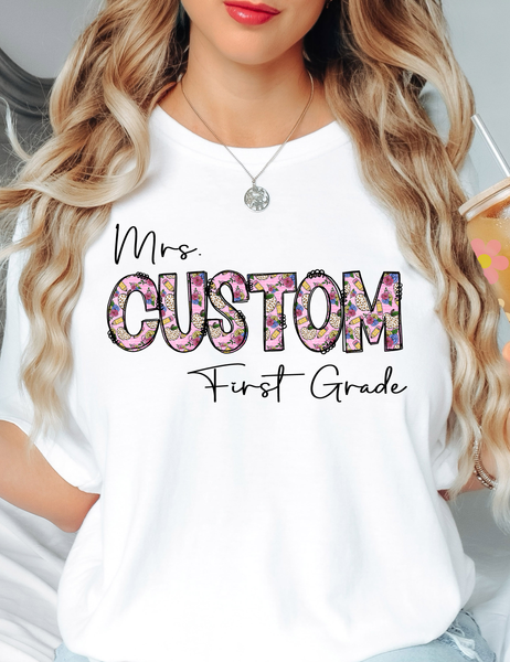 Custom Teacher Pink Floral Doodle  DTF Print