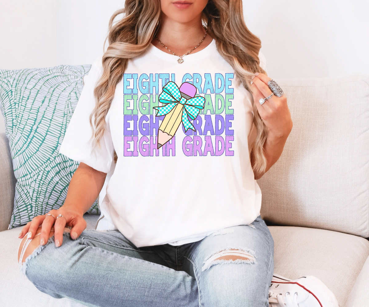 Back To School Repeat Pastel Checker Pencil Middle High DTF Print