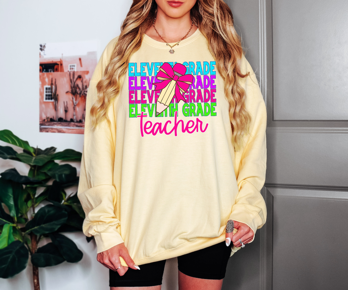 Back To School Repeat Neon Pink Pencil Middle High Teacher DTF Print