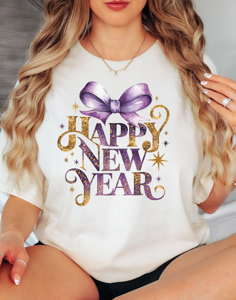 Happy New Year Coquette Purple Bow DTF Print
