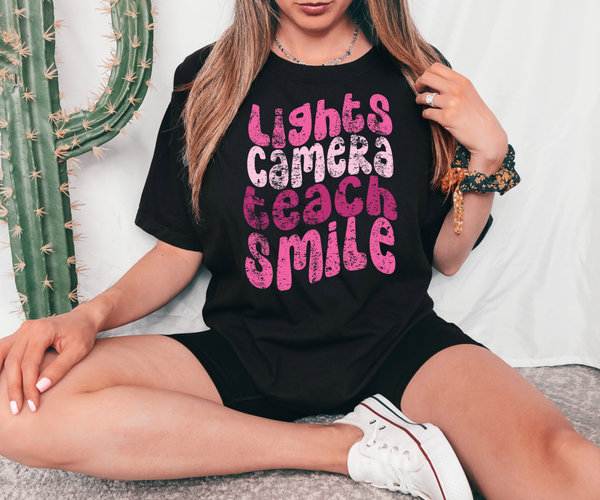 Lights Camera Teach Smile Distressed Retro DTF Print