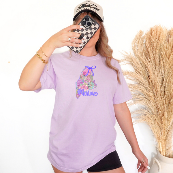 Maine Floral State Purple Bow DTF Print