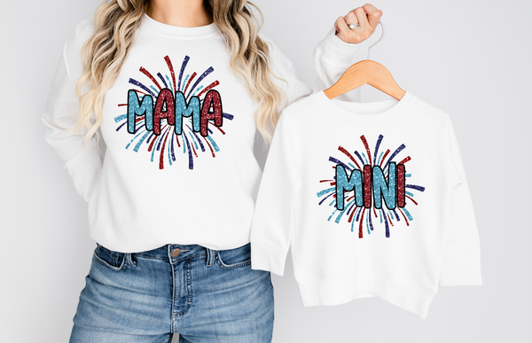 Patriotic Fireworks Mama Mini Glitter Effect DTF Print