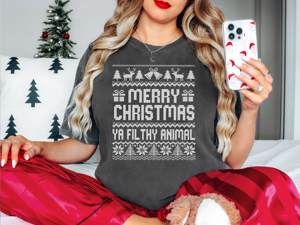 Merry Christmas Ya Filthy Animal Ugly Sweater Screen Print LOW HEAT
