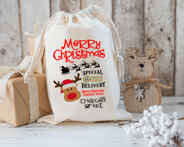 Personalized Merry Christmas Reindeer Santa Sack DTF Print