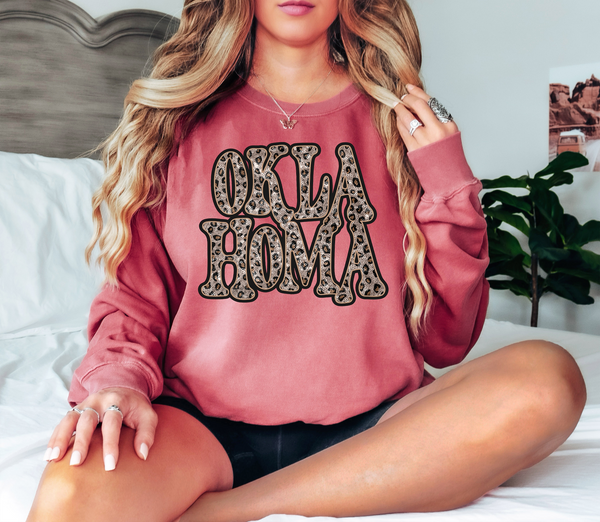 Oklahoma Vintage Shadow Outline in Faux Sequin Leopard DTF Print