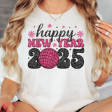 Happy New Year 2025 Black Pink Glitter Effect DTF Print