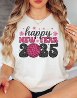 Happy New Year 2025 Black Pink Glitter Effect DTF Print