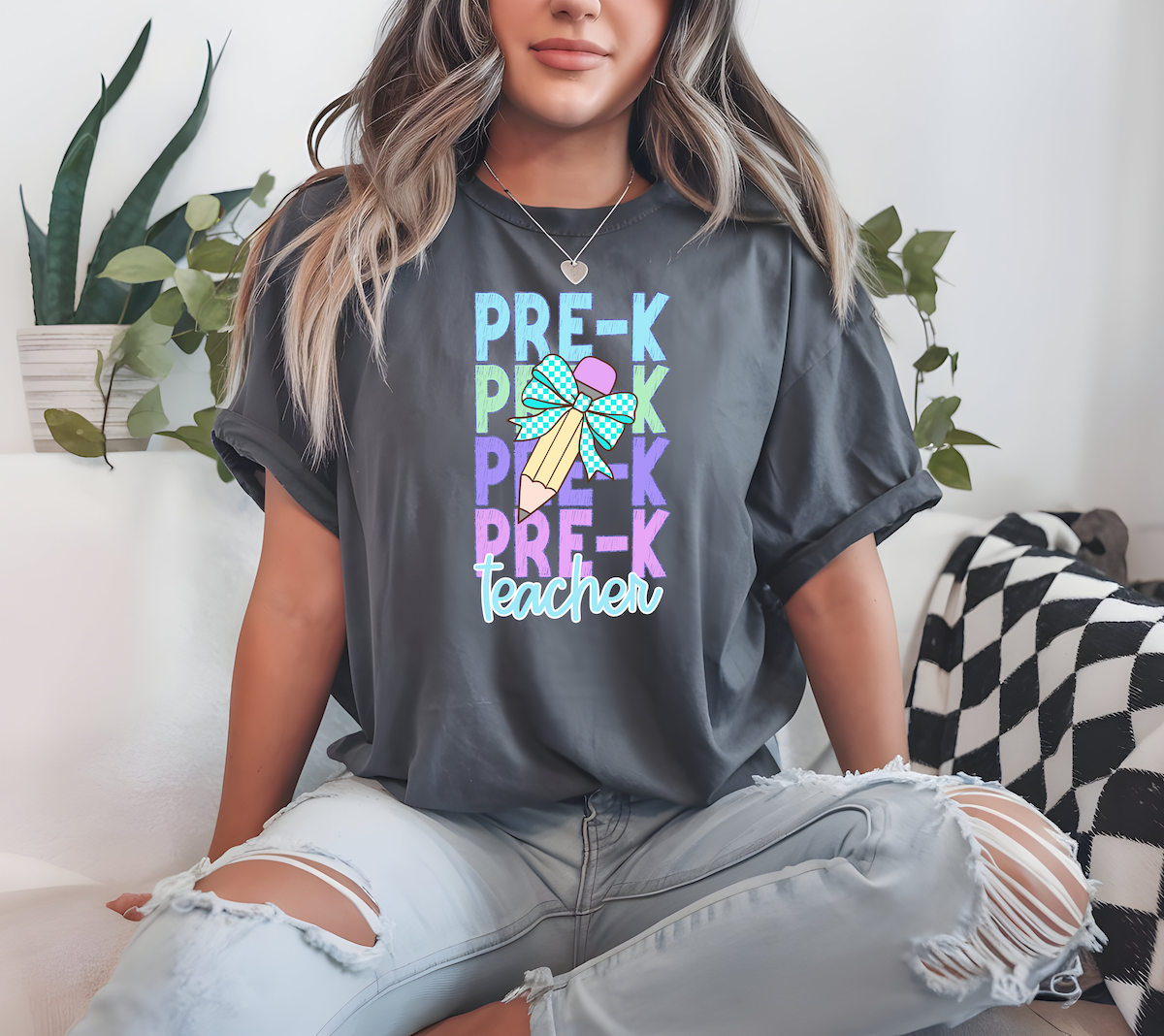 Back To School Repeat Pastel Checker Pencil Elementary Teacher DTF Print