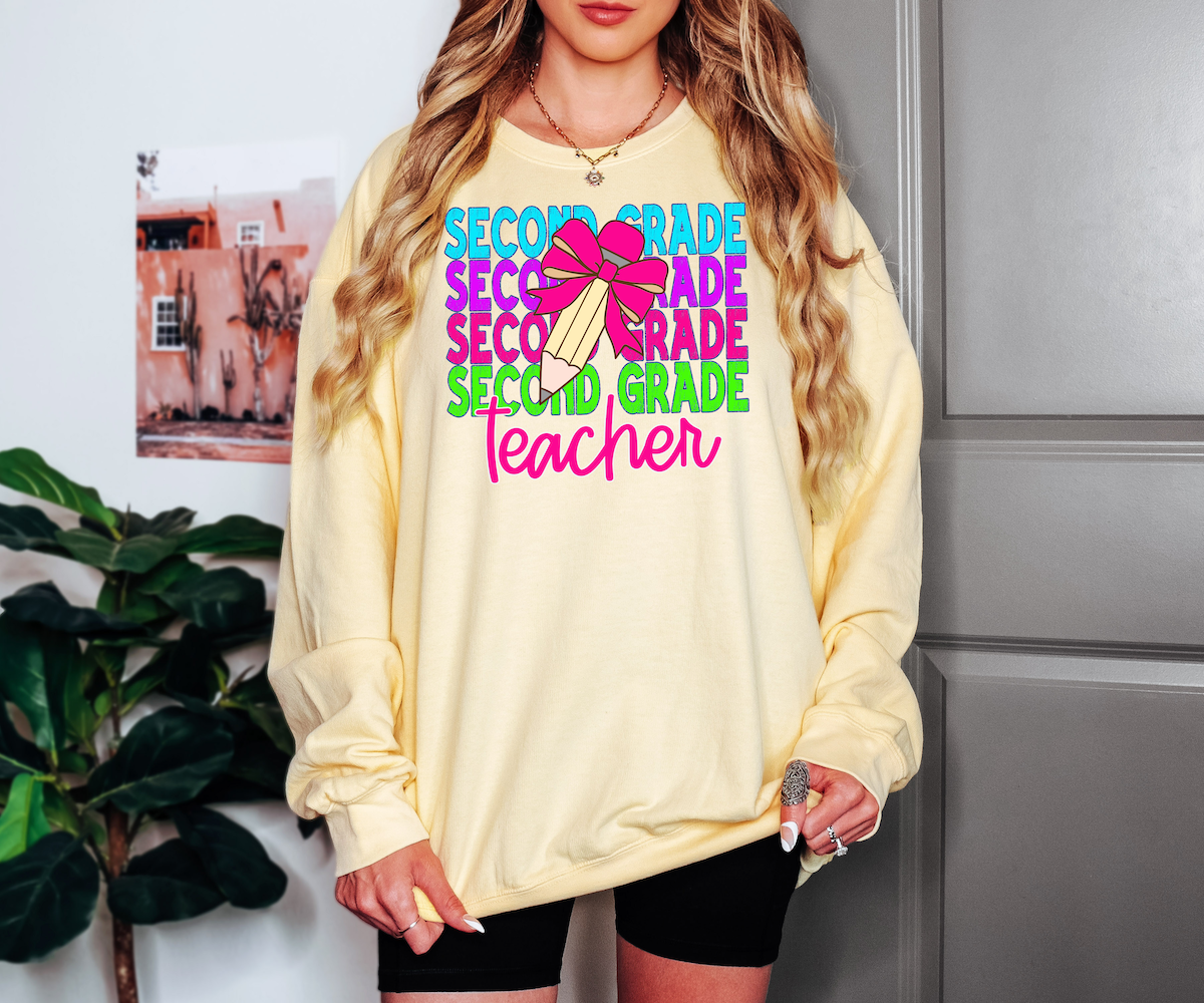 Back To School Repeat Neon Pink Pencil Elementary Teacher DTF Print