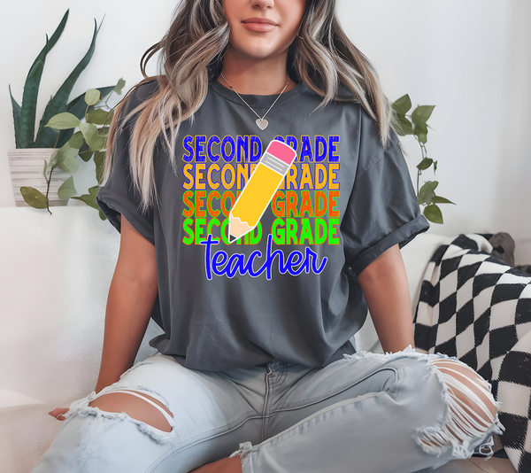 Second Grade Teacher Bookworm Repeat Solid Pencil DTF Print