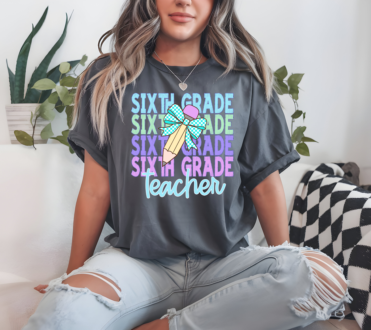 Back To School Repeat Pastel Checker Pencil Elementary Teacher DTF Print