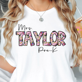 Custom Teacher Pink Floral Doodle  DTF Print