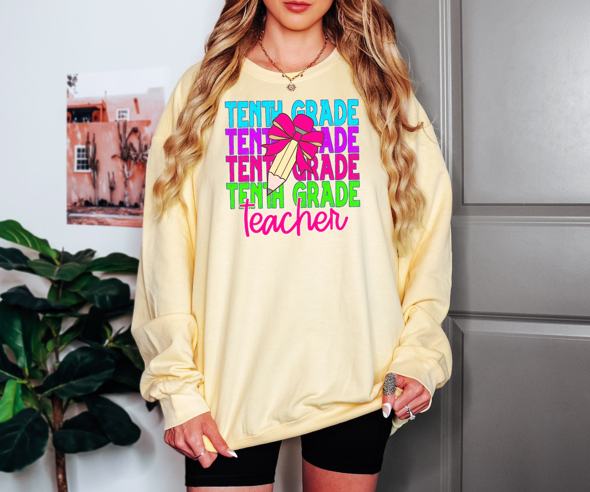 Back To School Repeat Neon Pink Pencil Middle High Teacher DTF Print