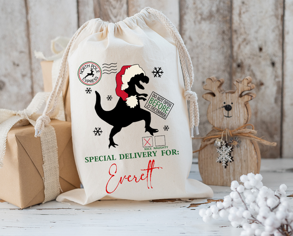 Personalized  T-Rex Santa Sack DTF Print