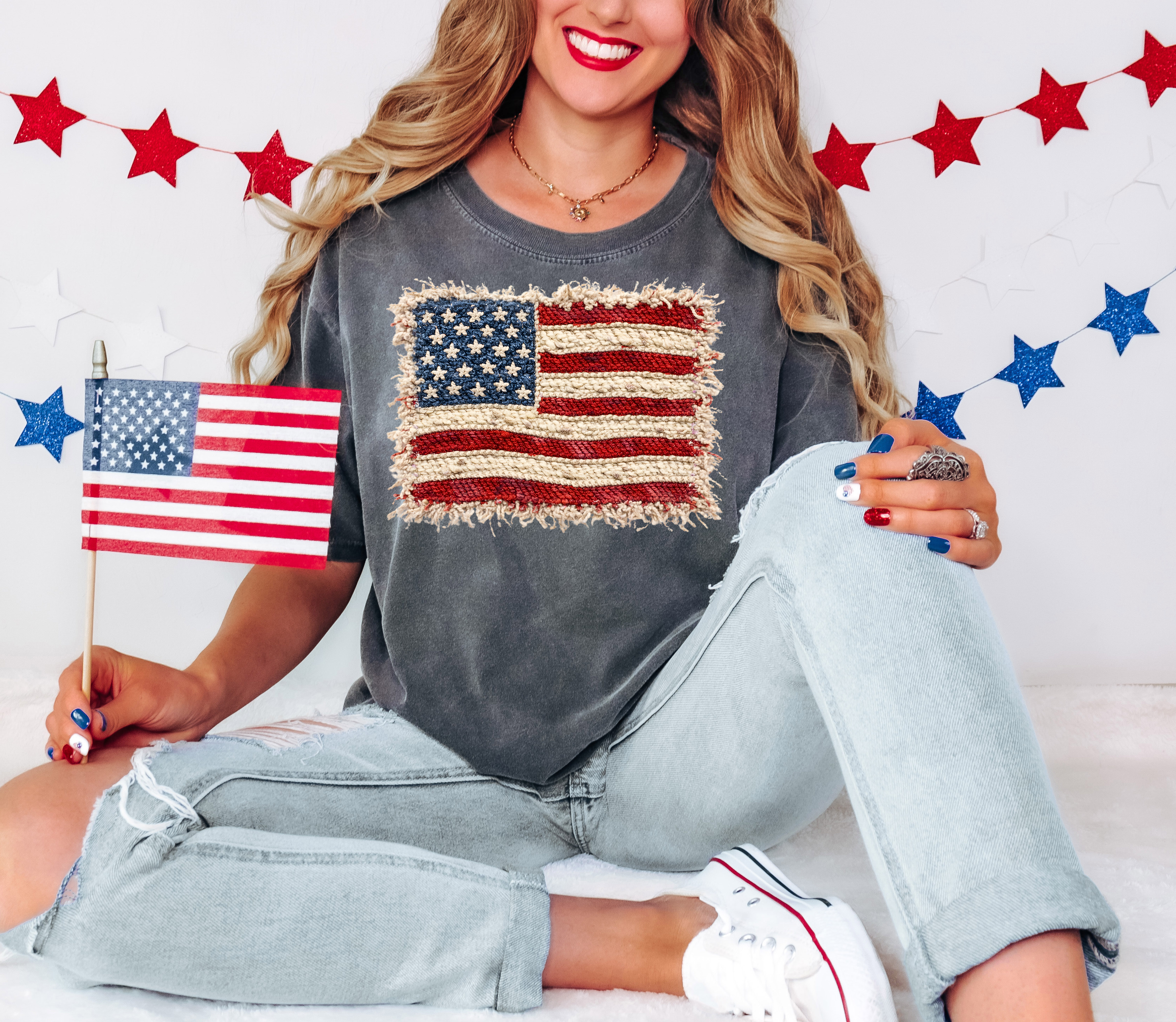 Frayed Patriotic Yarn Flag DTF Print